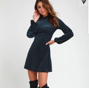 Lulu's Blue Velvet Long Sleeve Dress